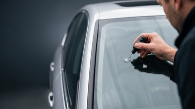 Applying LONG GlassFix resin to a stone chip on a car windshield