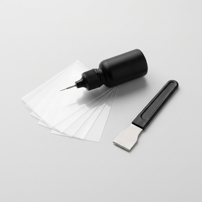 LONG GlassFix windshield repair kit: resin applicator, curing films and razor blade