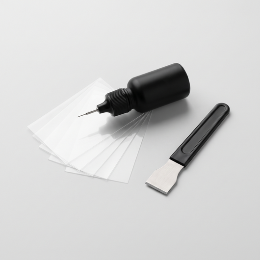 LONG GlassFix windshield repair kit: resin applicator, curing films and razor blade